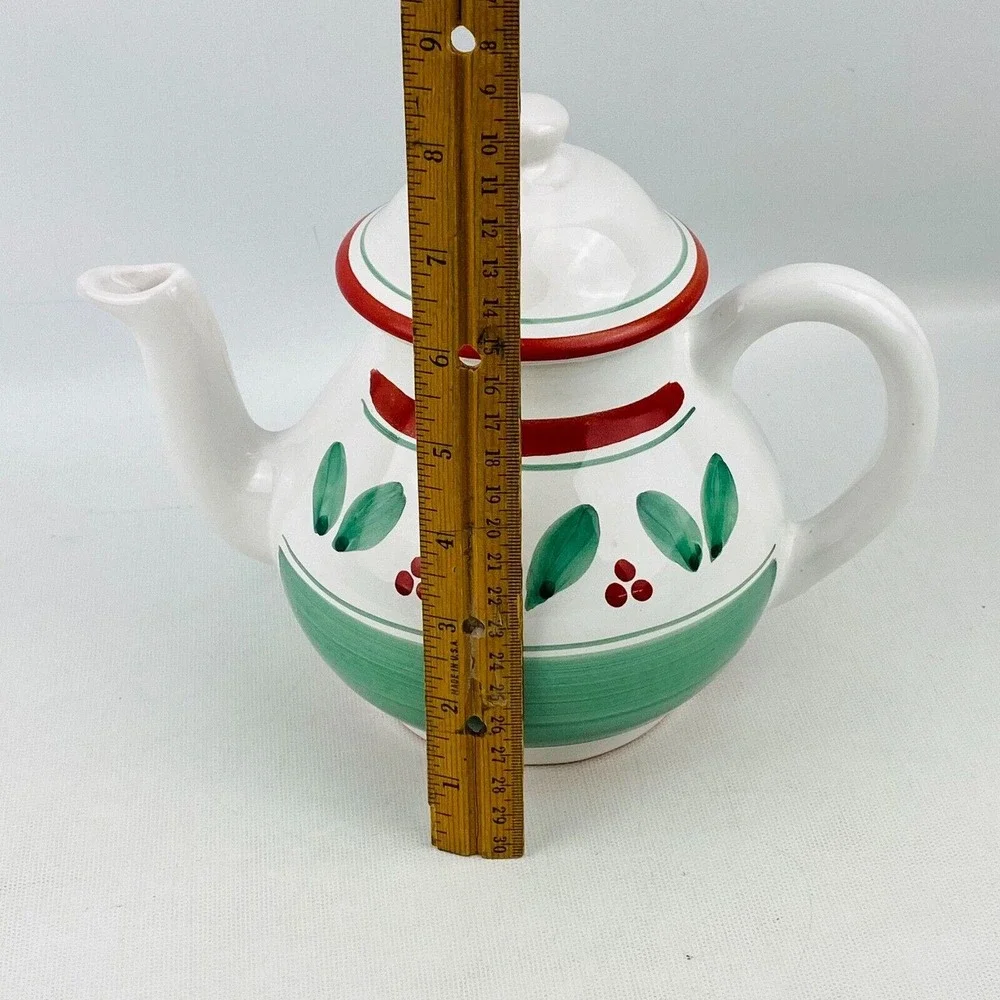 Caleca Teapot Red Berries Trim Green Leaves Band Stripe White Hand Painted Italy